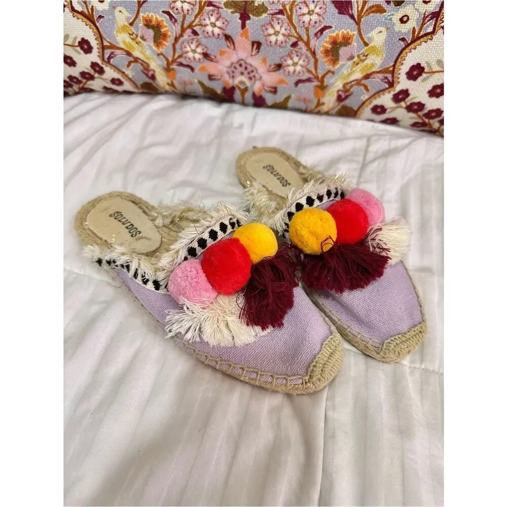 Soludos Coco Lilac Multicolor Pom Pom Espadrille Slides Sz 6 Anthroplogie Boho
